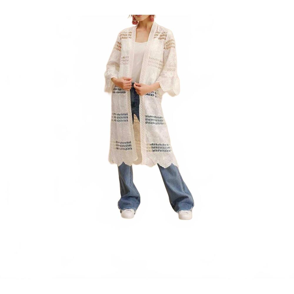 NEW FASHION CONCEPTS embroidered lace long cardigan in white